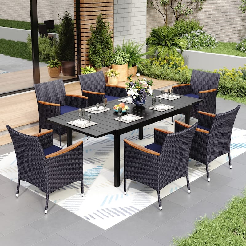 7/9 Patio Dining Set, Expendable Rectangular Outdoor Dining Table with Rattan Chairs - 7-Piece Wooden Armrests Crescent Chairs