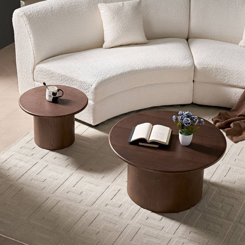 Round Nesting Coffee Tables Set of 2, Modern Center Table with Wood Grain Finish, End Table Side Tables for Living Room