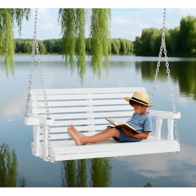 Porch Swing with Chains and Cupholders, Wooden Patio Swing Chair