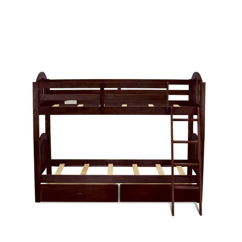 Twin Bunk Beds With Drawers & Ladder - Space Saving Wood Bunk Bed Frame - Java Finish