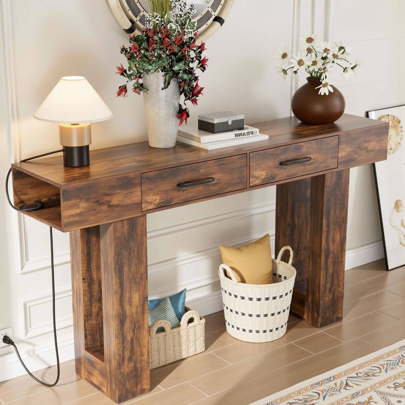 Anmytek Farmhouse Console Table,Wooden Rectangular Sofa Table Behind Couch for Entrance