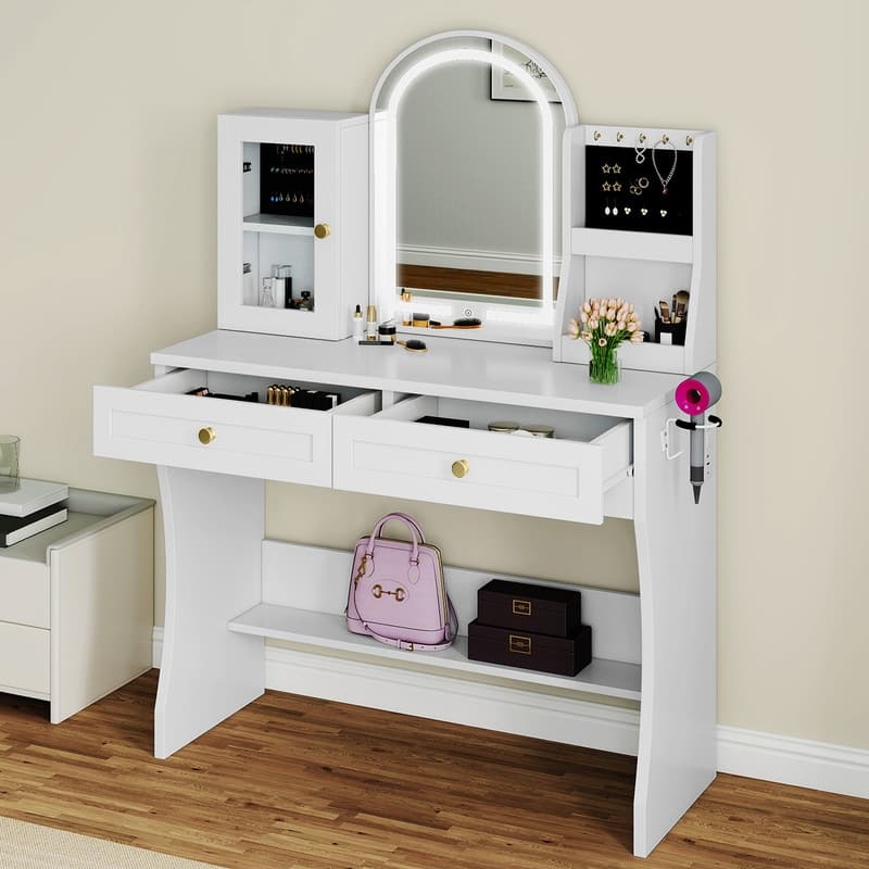 Moasis 35.5-inch Makeup Vanity Desk with Arc-Shaped Mirror and Power Outlets