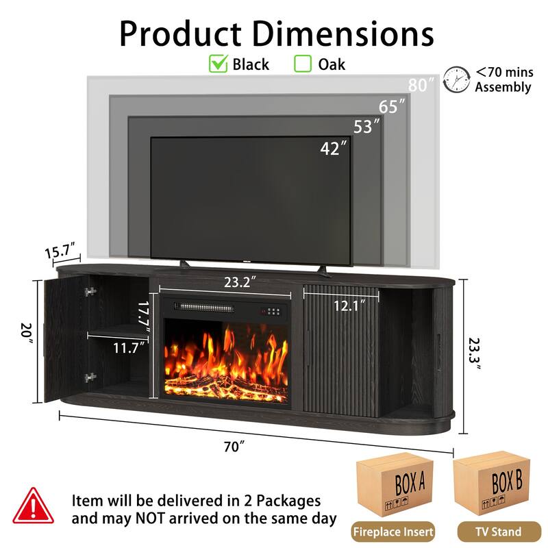 BOSSIN 70" Electric Fireplace TV Stand with Fluted Design, Curved Edges, 7 Flame Colors & 8H Timer, Holds Up to 80" TV, Black