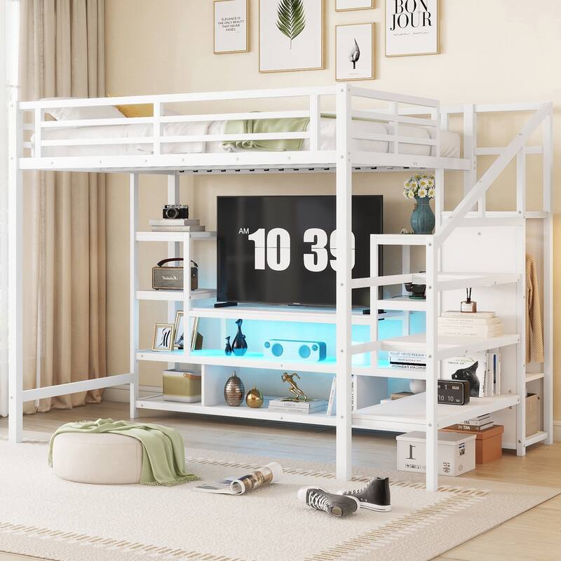 Full Size Metal High Loft Bed Frame with TV Stand & LED, Staircase, Wardrobe and Safety Guardrails