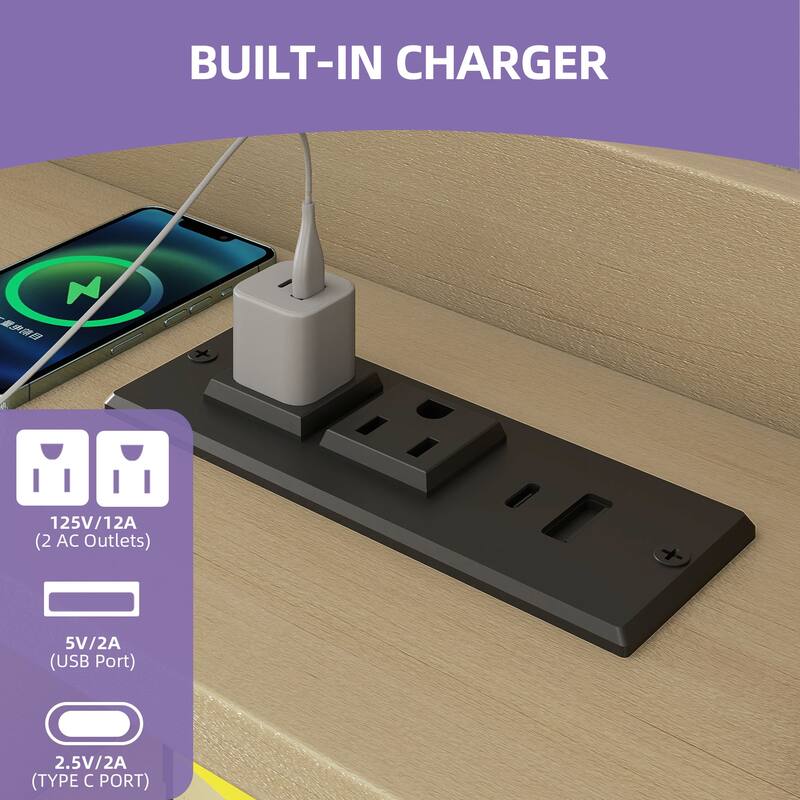 Farmhouse Bed Frame Upholstered Headboard Platform Bed with Charging Station