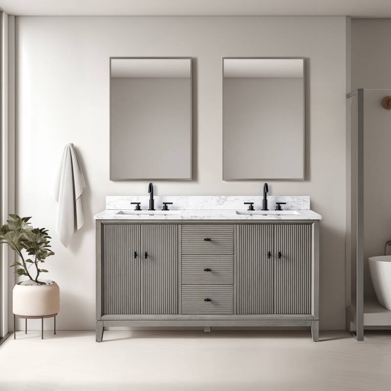 Vanity Art 60" Freestanding Bathroom Vanity with Engineered Marble Top and Sinks - 60"/Matte Black - Driftwood Gray