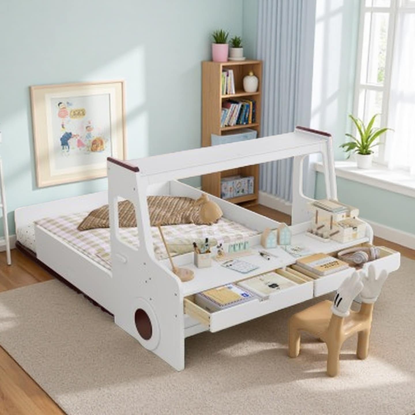 Full Car-Shaped Floor Bed with Built-In Drawers and Desk, Kids Wood Bed with Window