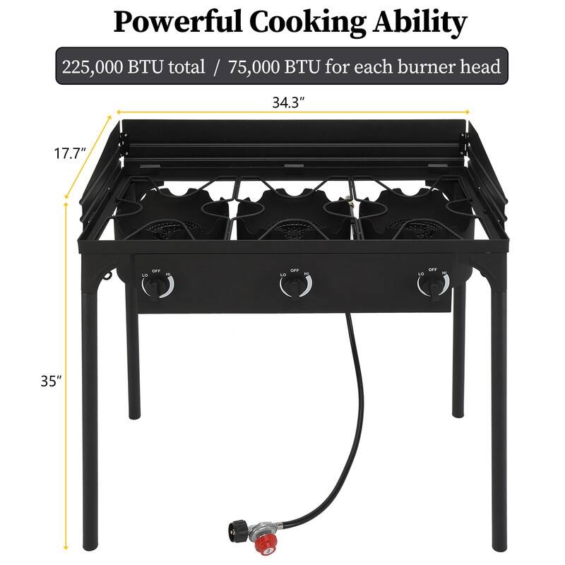 Outdoor Camping 3-Burner Stove High Pressure Propane Gas Cooker with Windscreen - N/A