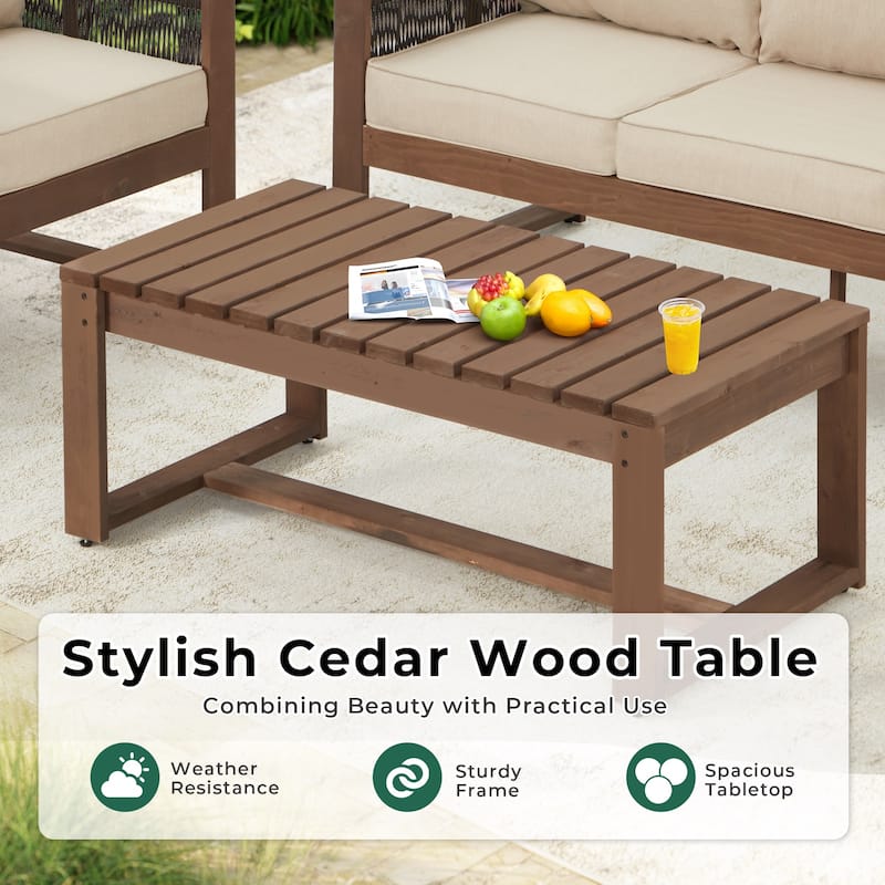 Outdoor 4-Piece Sofa Set with Coffee Table, PE Wicker & Cedar Wood Patio Furniture, Garden Conversation Set with Thick Cushions