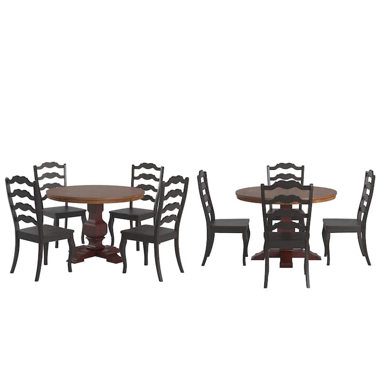 Ronda 45" Round Solid Wood Top Dining Set with French Ladder Back Chairs
