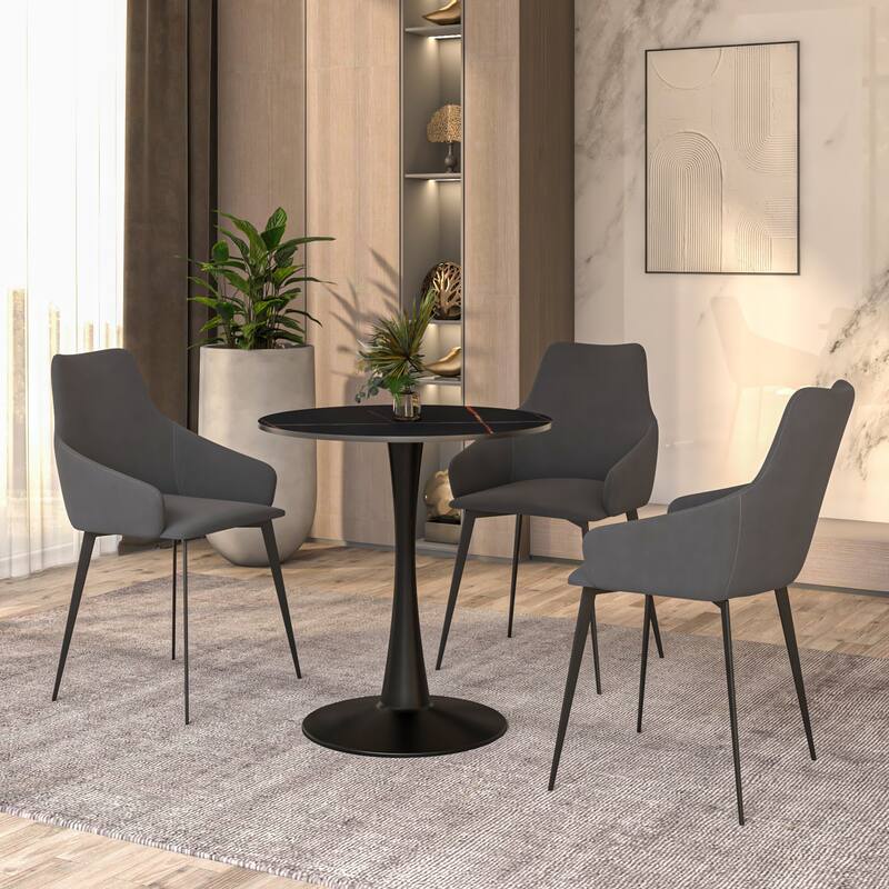Bristol 24" Round Minimalist Dining Table for 4, Sintered Stone Top & Black Iron Pedestal Base for Kitchen & Dining Room