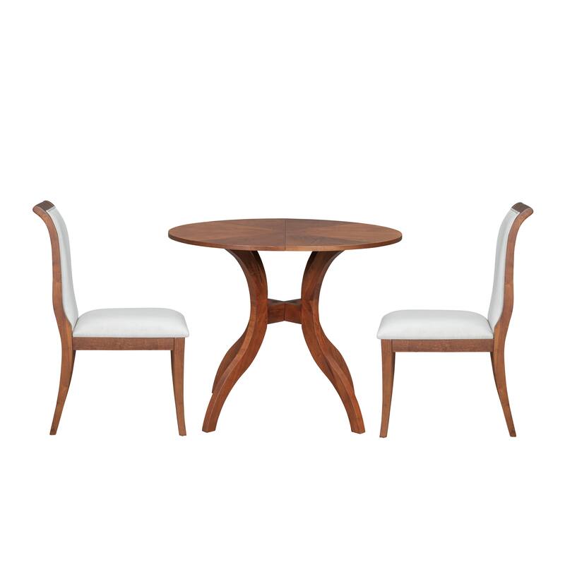 3 Piece Traditional Dining Room Table Set, 39.4" Round Table with 2 Chairs, Solid Wood Kitchen Table Set with Curved Legs