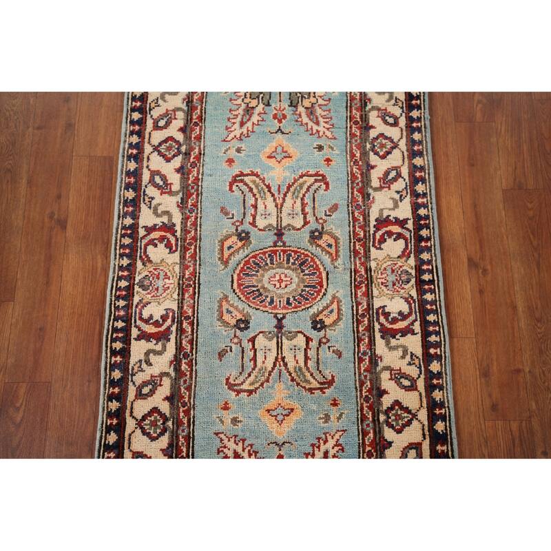 Light Blue Floral Kazak Oriental Runner Rug Hand-Knotted Wool Carpet - 2'1" x 5'11"
