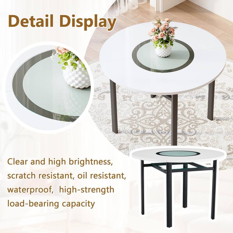 7 Piece Dining Table Set with 42 Inch Round Top Glass Insert and 6 PU Chairs Striped Backrest