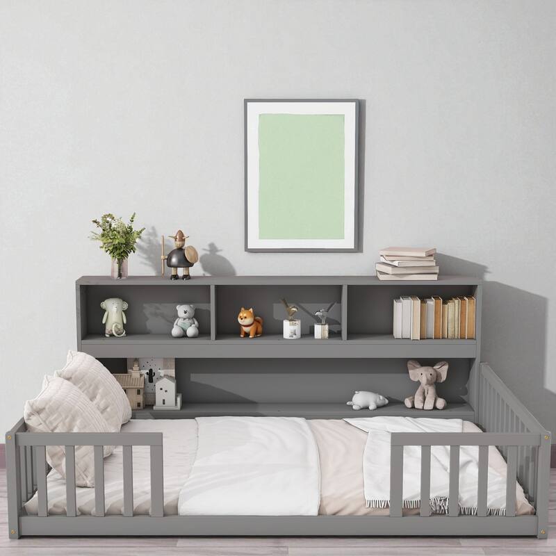 Twin/Full Size Wooden Floor Bed with Bedside Bookcase and Shelves, Low Platform Bed with Guardrails - Grey - Full