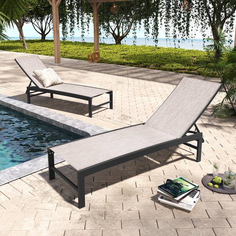 Pellebant Adjustable Aluminum Patio Chaise Lounge Chairs Outdoor (Set of 2) - Earth Fabric, Dark Grey Farme