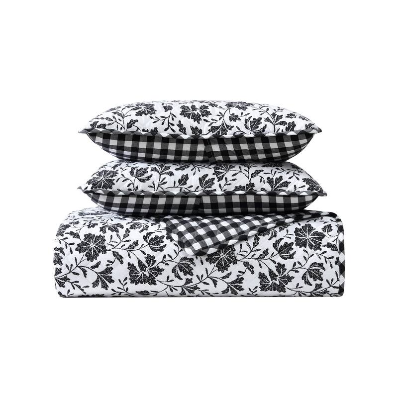 Eddie Bauer Woodblock Floral Flannel Black Quilt Set