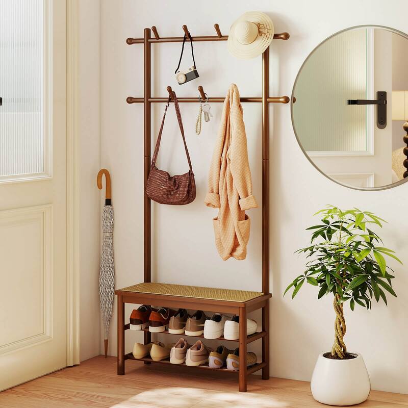 Costway Bamboo Coat Rack with Bench Shoe Storage 2 Hanging Rods 11 - See Details