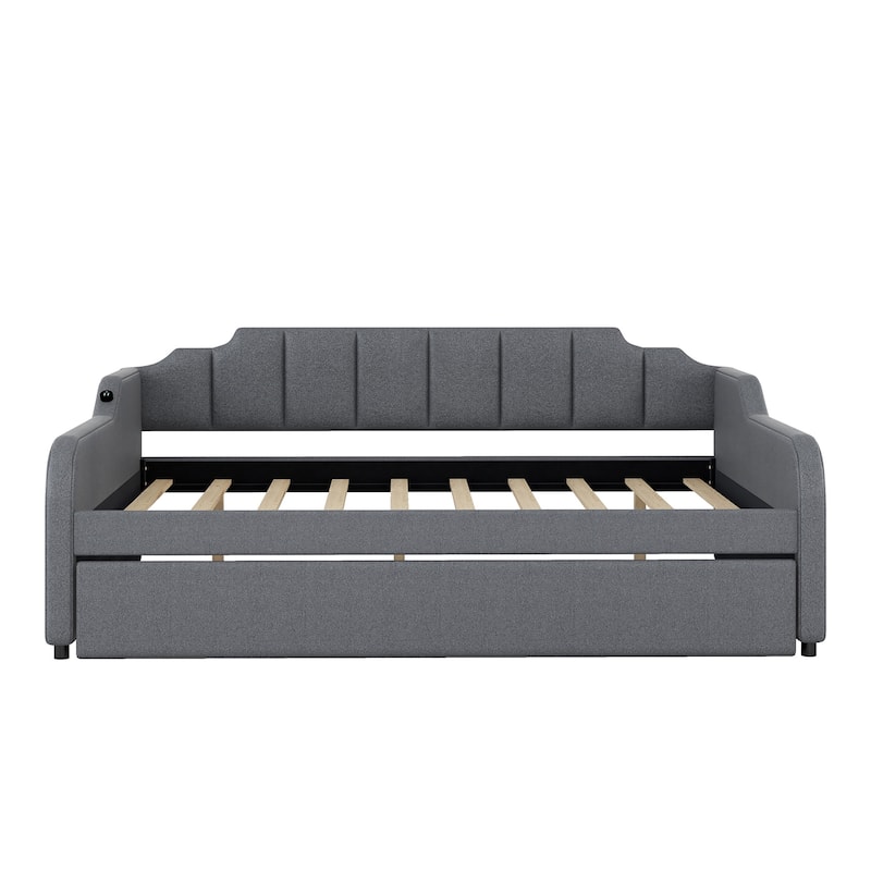 Full Size Upholstery Daybed with Trundle and USB Charging Design-Grey