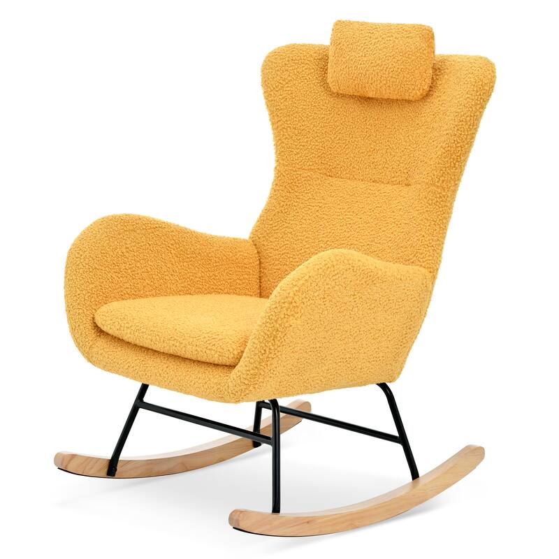Polyester Glider Chair with Adjustable Headrest and Storage Pocket, Rubber Wood Base