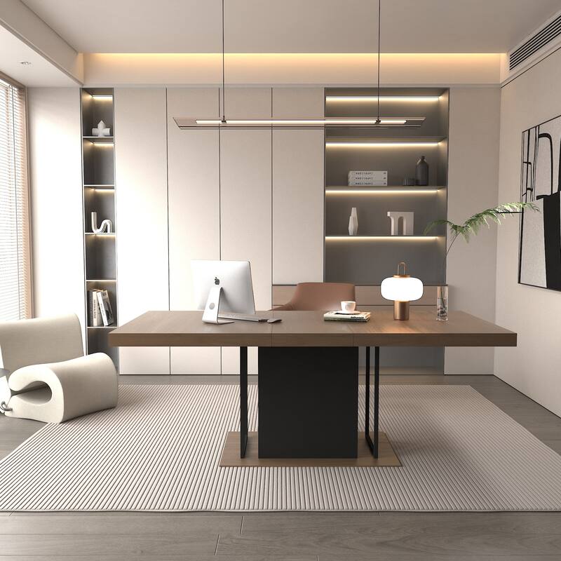 Extendable Dining Table, Wood Kitchen Table for 6-10 People, Large Home Office Table with Thick Top & Wide Feet