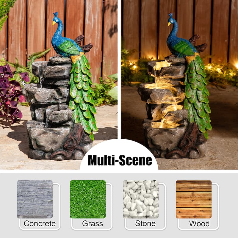 Glitzhome 20.5"H 4-Tierd Lighted Peacock Stacked Stones Polyresin Outdoor Floor Fountain