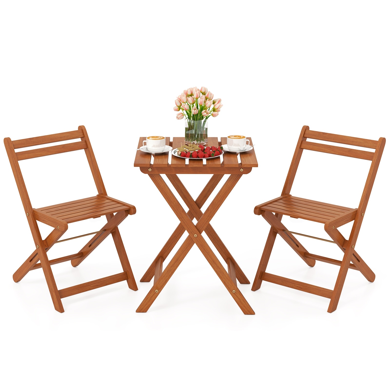 Gymax 3 PCS Outdoor Wood Bistro Set w/ 2 Folding Chairs & Dining
