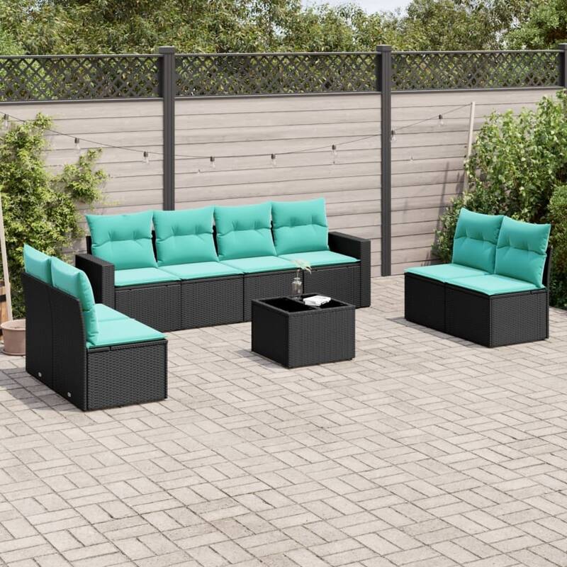 vidaXL Patio Sofa Set with Cushions Outdoor Conversation Furniture Poly Rattan - 25.8" x 24.4" x 27.2" - Black and blue with table