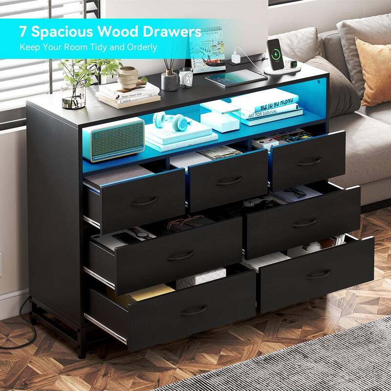 Black Dresser for Bedroom, Modern 7 Drawers Long Dresser