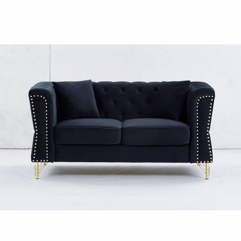 81.8'' Velvet 3-Seater Sofa with Nailhead Trim, 2 Pillows, and Metal Feet, Supported by a Solid Wood Frame