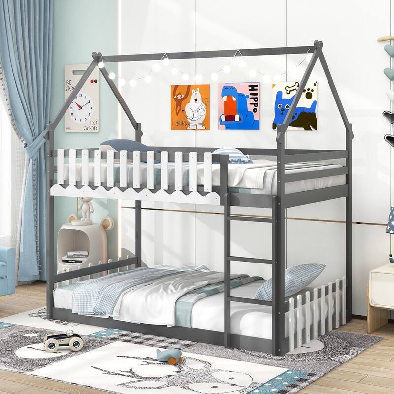 Gymax Twin Over Twin Bunk Bed w/ Fence & Ladder Solid Wood Floor Bunk