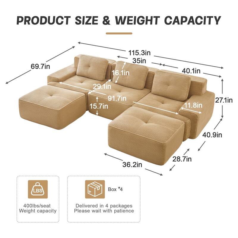 Roomfitters No Assembly Modular Sofa, 117 Inch Corduroy 3-Seater with Piping, Camel