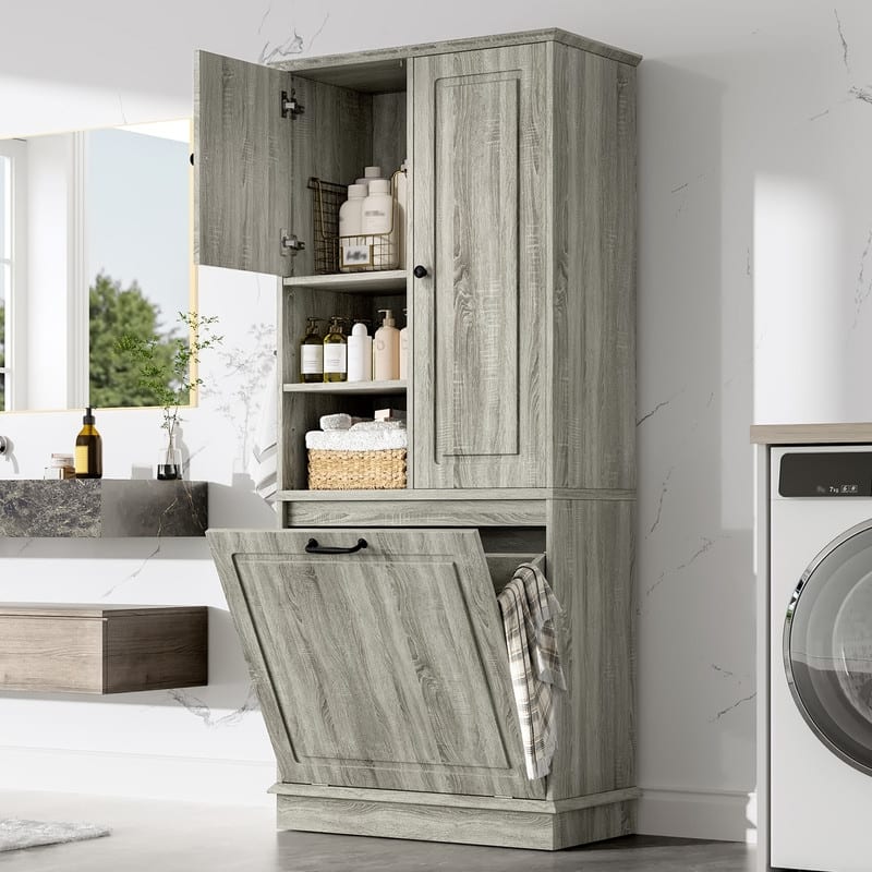Tall Storage Cabinet with Adjustable Shelves, Large Flip-Out Basket & Enclosed Cabinets - Oak