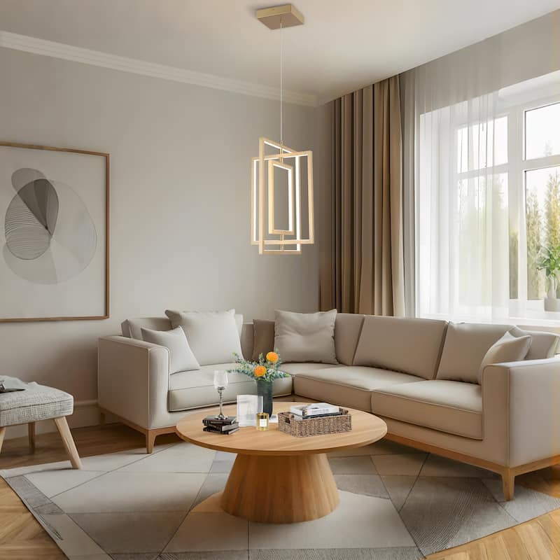 Modern Contemporary 1-Light Gold LED Chandelier Rectangle Geometric Pendant Lights - 15.5" L x 12" W x 20.5" H