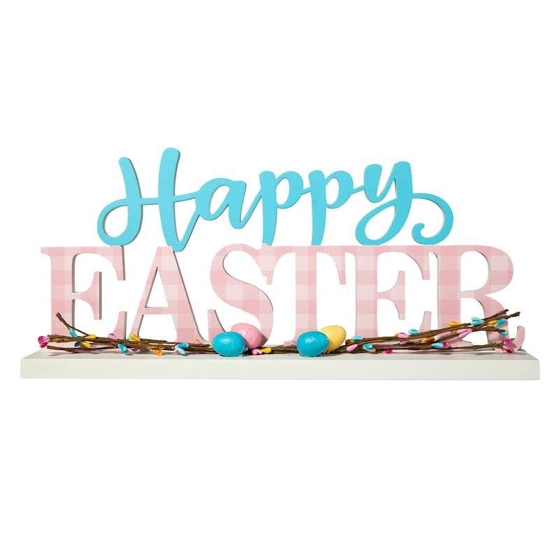 Glitzhome Wooden EASTER HOP Happy Easter with Artificial Rattan Table Sign Decor Centerpiece