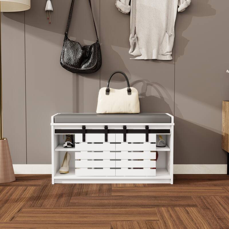 Modern Shoe Storage Bench, 2-Tier Entryway Bench with 2 Sliding Barn Doors