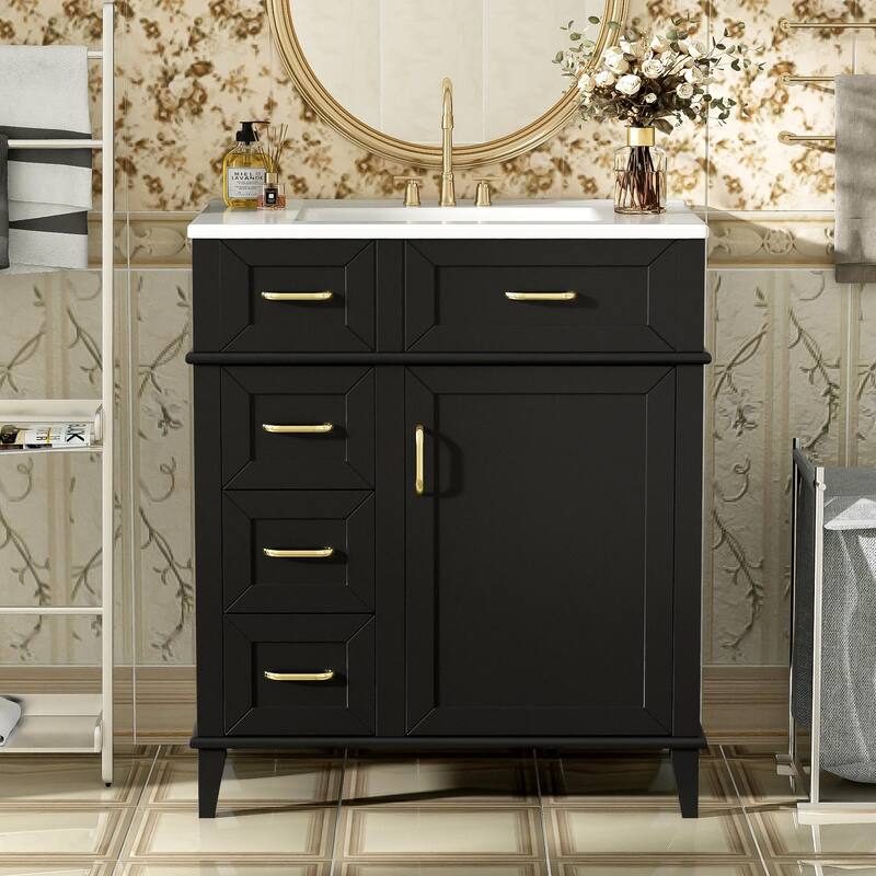 GDFStudio - Snowdon Transitional Freestanding Bathroom Vanity Cabinet with Ceramic Sink, Soft Close Drawers & Adjustable Storage