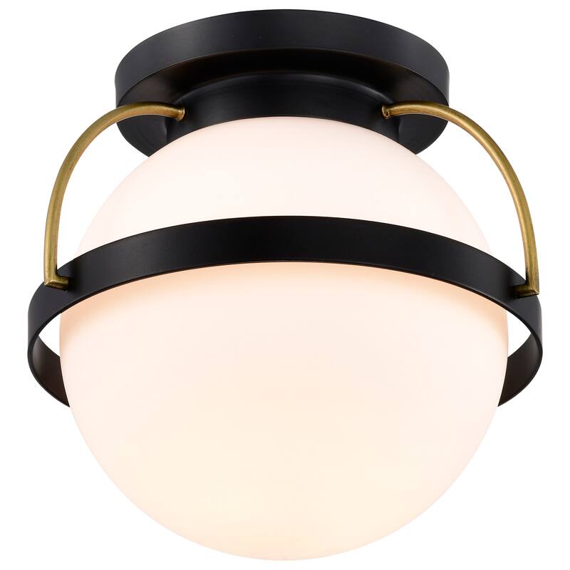 Lakeshore 1 Light Small Flush - Matte Black & Natural Brass Finish - White Opal Glass