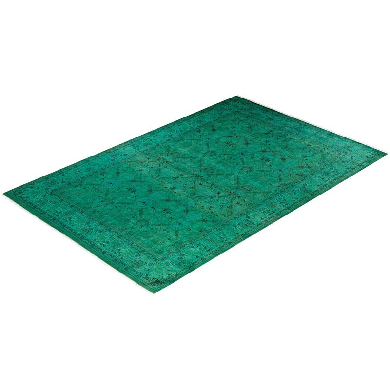 Overton Hand Knotted Wool Vintage Inspired Modern Contemporary Overdyed Green Area Rug - 6' 2" x 9' 5"