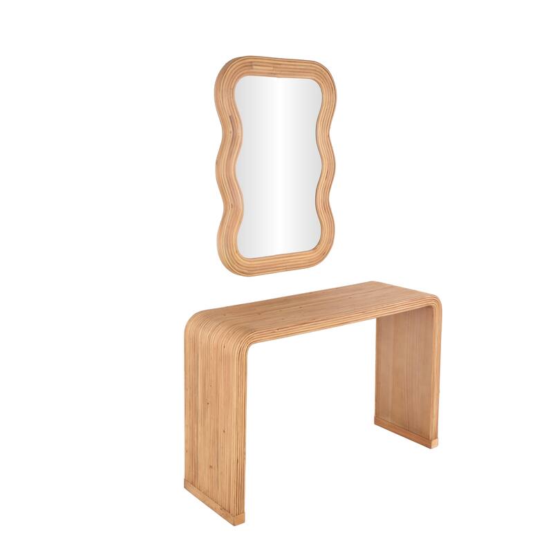 Brown Wood Handmade Ribbed Living Room Console Table with Mirror (Set of 2)