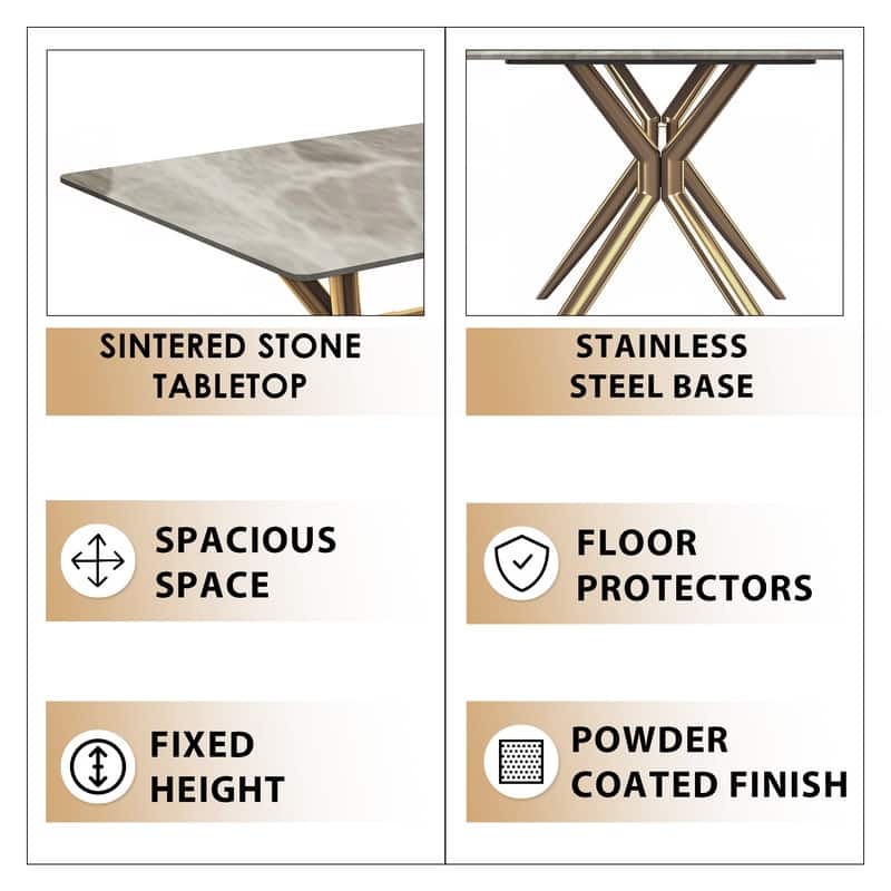 Elega Modern Contemporary Rectangular Glass or Sintered Stone Dining Table with Gold Steel Base for Dining Room or Kitchen