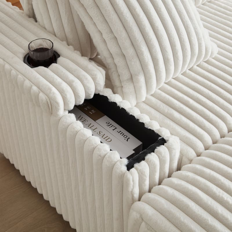 Roomfitters 84" Corduroy 3-Seater Sofa, Deep Seat Couch with 2 Ottomans, Storage, Cup Holders, 3 Back and 2 Toss Pillows
