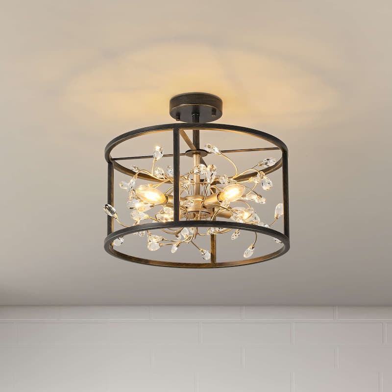 Justina 4-Light Crystal Leaves Drum Semi-Flush Mount - 16 inches D x 16 inches H