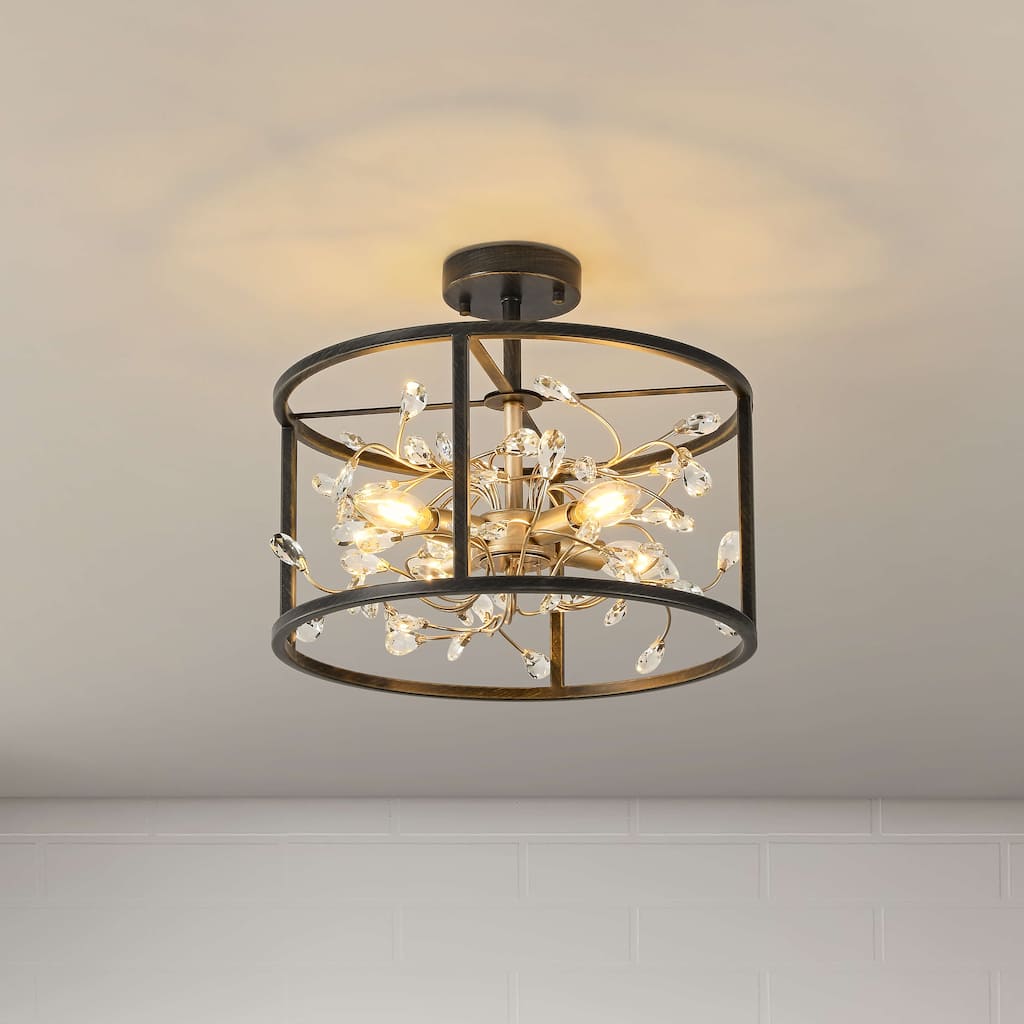 Justina 4-Light Crystal Leaves Drum Semi-Flush Mount - 16 inches D x 16 inches H