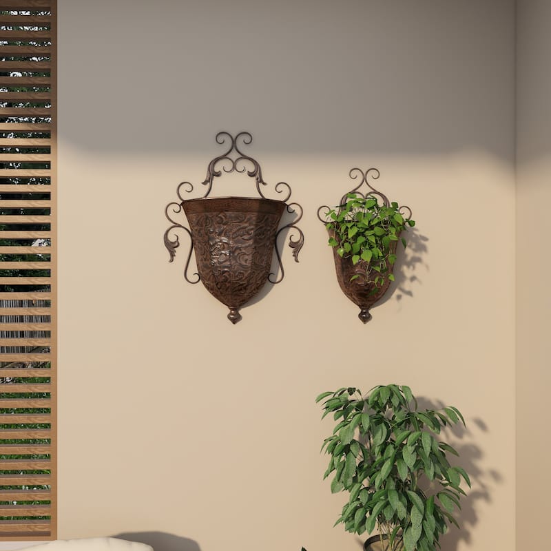 Brown Metal Indoor Outdoor Hanging Vintage Scroll Indoor Outdoor Wall Planter with Vine Accents (Set of 2)
