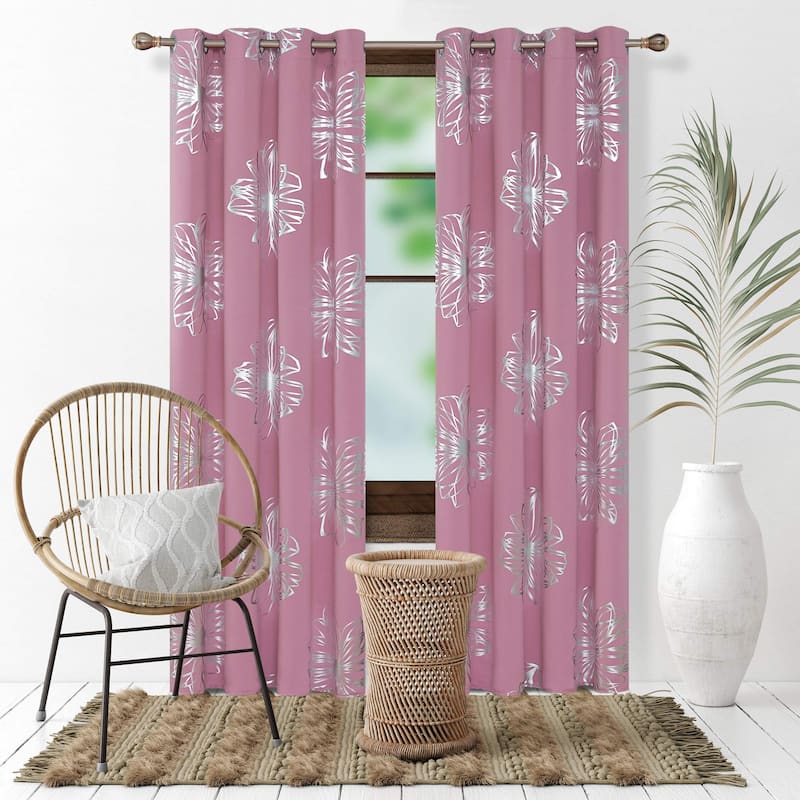 Flower Foil Printed Room Darkening Drapes for Girl's Bedroom 2 Panels