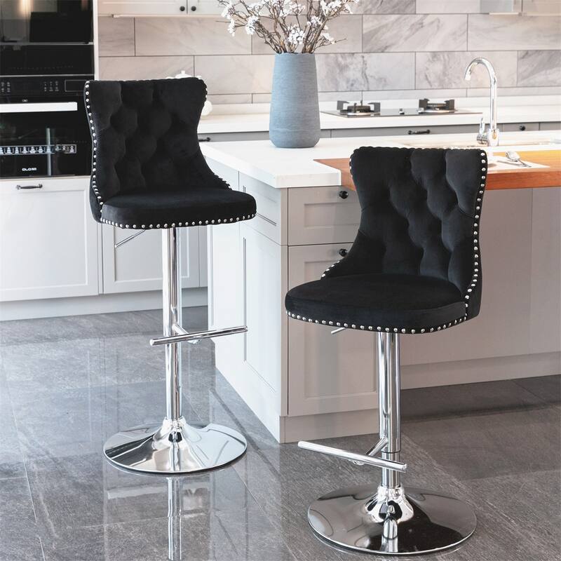 2 Piece Adjustable Swivel Velvet Upholstered Barstool with Chrome Base