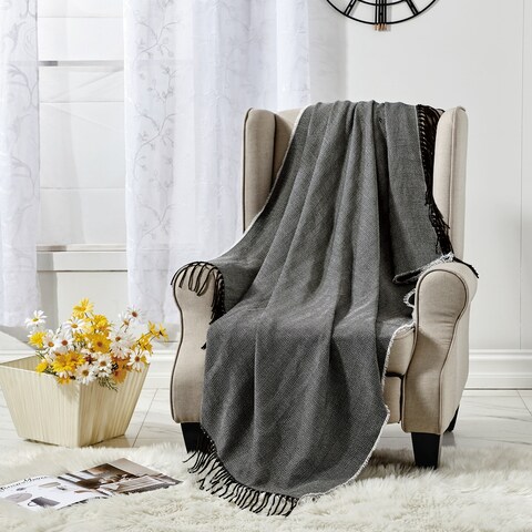 Wellco Ultra Soft Knitted Throw Blanket With Boho Tassels - 50" x 60", Stripe Patterns, Black