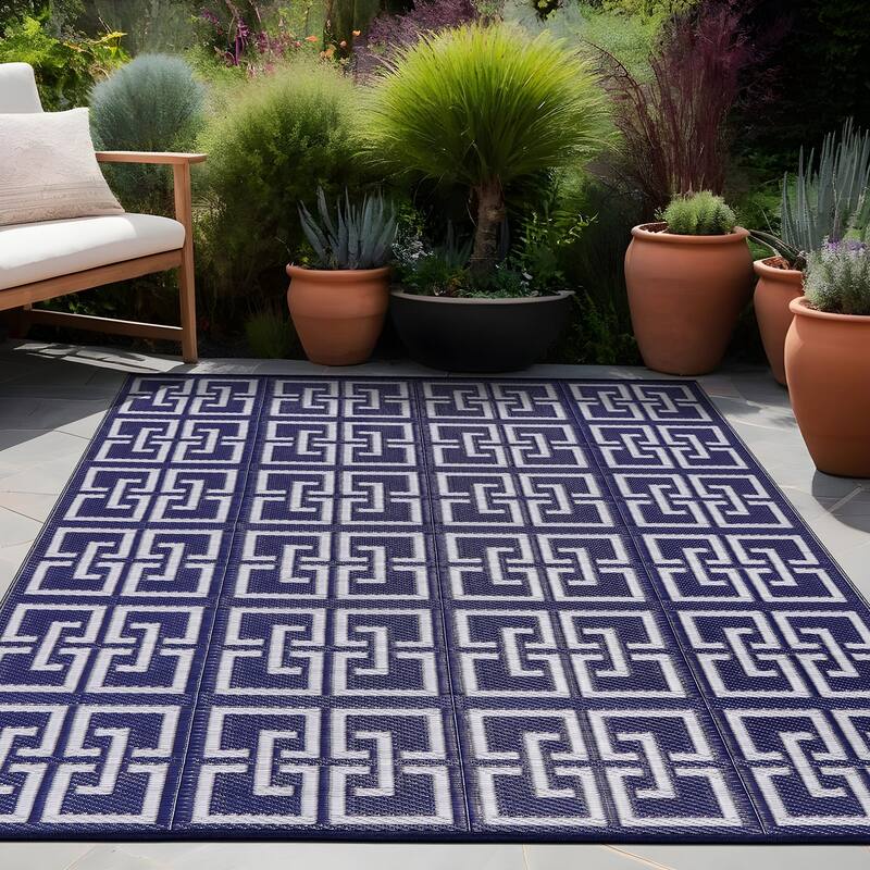 Beverly Rug Geometric Greek Key Outdoor Rug Waterproof for Patio, RV Camping