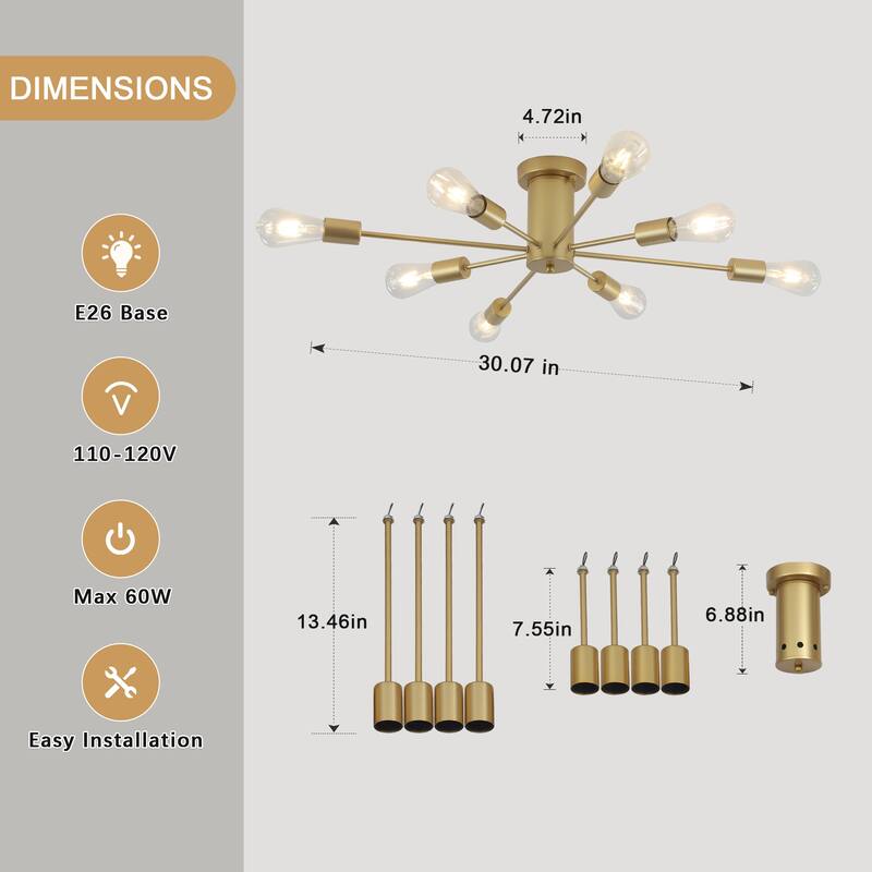 8-Light Modern Semi Flush Mount Sputnik Ceiling Light for Kitchen Bedroom Dining Room